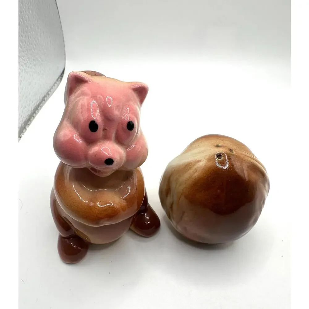 1950's Vintage Pink Faced Squirrel & Walnut Salt Pepper‎ Shakers, Corks,
